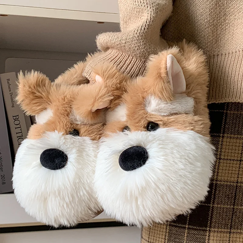 حقيبة كلب كرتونية لطيفة مع ممسحة قطنية للنساء شتاء جديد للمنزل الداخلي ونعل سميك ومضاد للانزلاق أحذية قطنية دافئة للزوجين