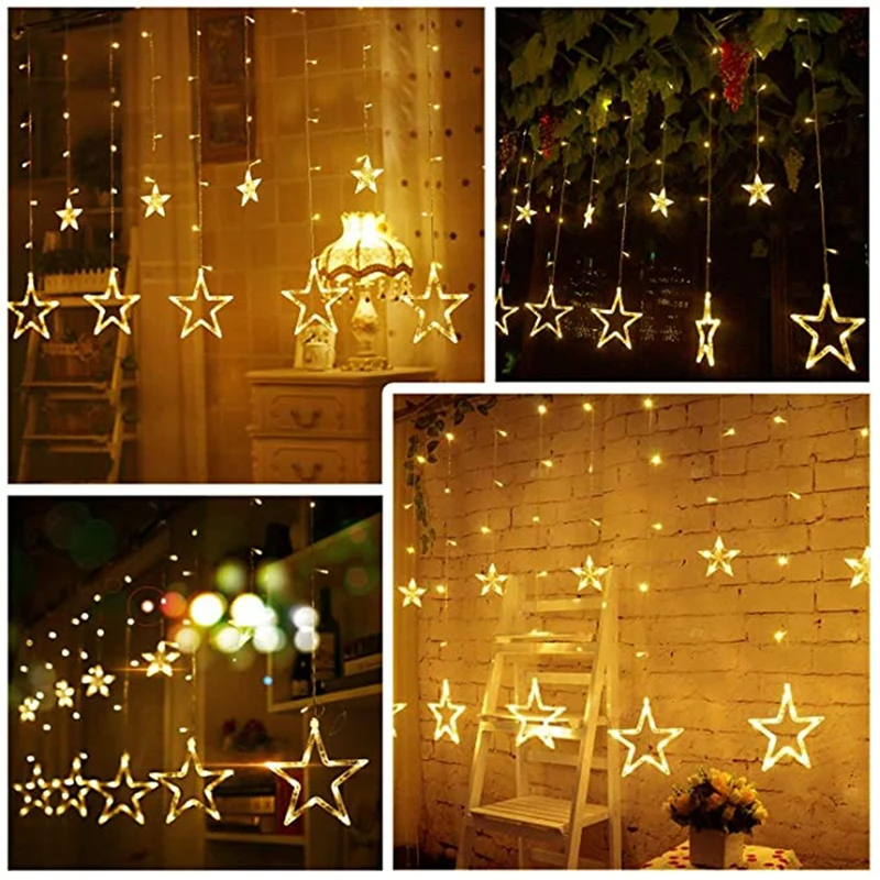 New 12 Star Curtain Lights 2.5M Outdoor Indoor Bedroom Home Party Wedding Decoration LED Star Shape String Lights EU Plug