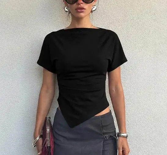 

Women's T-Shirt 2026 Summer New Fashionable Elegant Design Slim Fit Simple Pleated Asymmetrical Waist Versatile T-Shirt Top