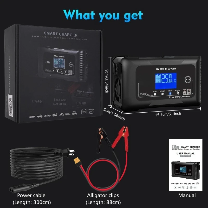 

Lithium 12V 25A 24V 13A Car Auto Battery Charger LCD Repair Charger For Truck Motorcycle Lead Acid Lifepo4 Battery AGM GEL