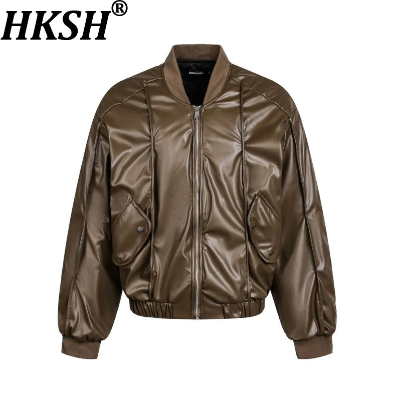 

HKSH 2025 Winter New Women Short Wadded Jacket PU Leather Stand Collar Zipper American Trend Motorcycle Warm Padded Coat HK13606