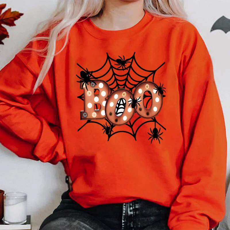 Halloween Boo Spider Web Print Hoodless Sweatshirt For Women Fashion Halloween Round Neck Pure Color Pullover Casual Ladies Tops