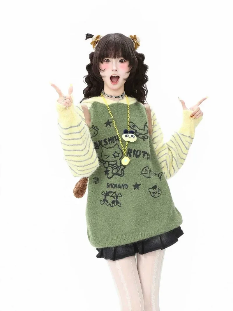 

New Japanese Fashion Kawaii Hooded Y2k Constrast Color All Match Striped Long Sleeve Loose Clothes Lazy Punk Print Cute Sweater