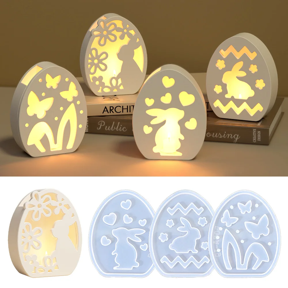

Easter Eggs Hollow Rabbit Shaped Candle Holder Silicone Mold DIY Butterfly Love Gypsum Plaster Resin Making Home Decor Ornament