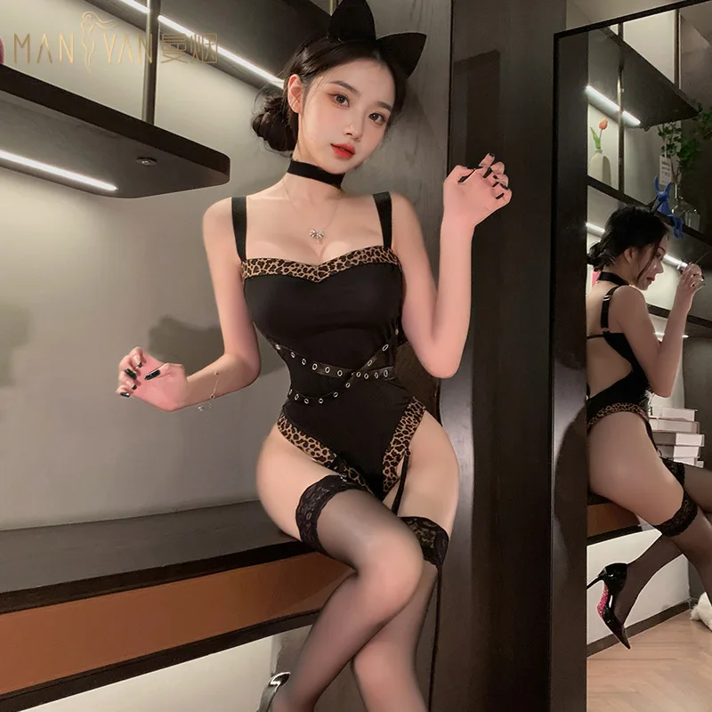 

Women Cute Sexy Lingerie Cat Cosplay Costumes Japanese Kawaii Leopard Bow-knot See Through Bodysuit Nightclub Porno Bar Uniform
