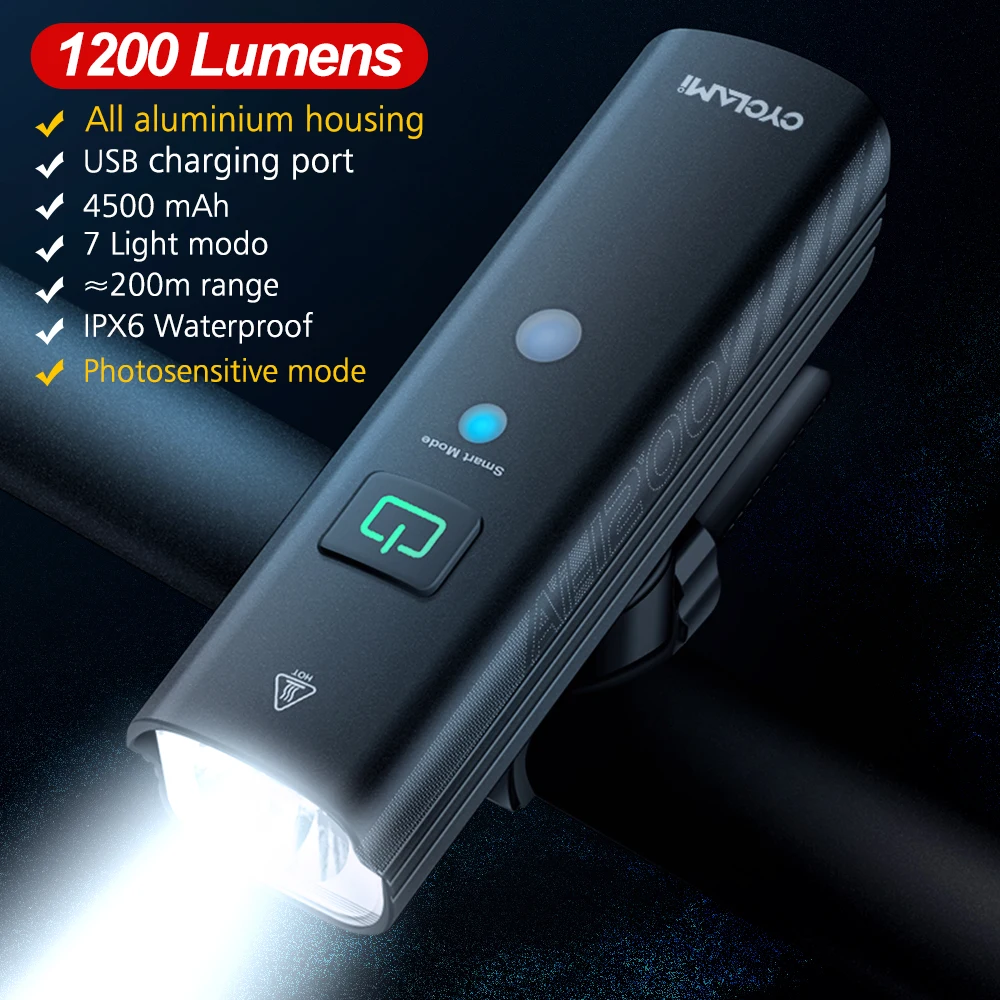 CYCLAMI AI-1200 faro de bicicleta MTB Doad bicicleta AI 1200 lúmenes lámpara frontal Sensor de luz automático linterna portátil de ciclismo nocturno