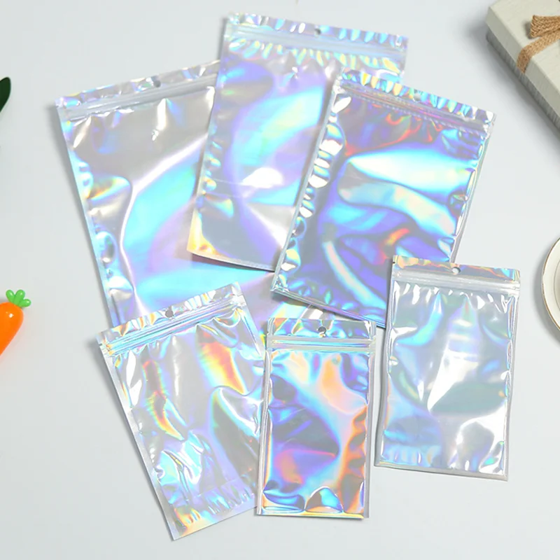 

10/25 Laser Packaging , Re-sealable, Colorful Clear Holographic Zipper , Jewelry Display Retail Bags, Gift Storage Bags