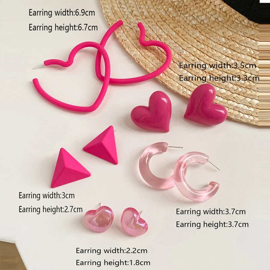 5 Pairs Fuchsia Heart Triangle Earring Set Lovely Girls Geometric Neon Color Multi Earrings C Hoop Set Girls Summer Jewelry