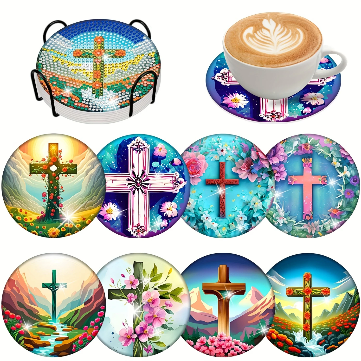 

8 cross shaped painting coasters with brackets, DIY art coaster set, suitable for beginner art and craft supplies