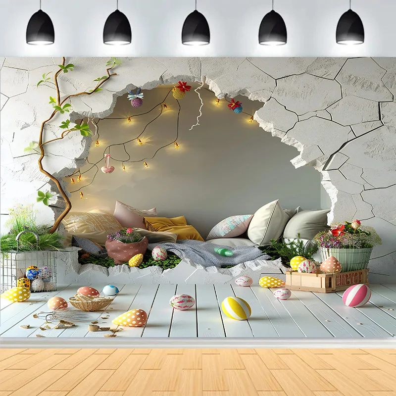 

Easter Party Wreath Spring Garden Children's Photography Props Rabbit Colorful Eggs Newborn Portrait Shoot Background FH-61