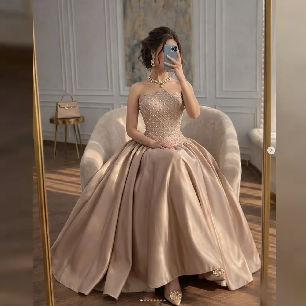 Customized Nude Satin Ball Gown Strapless Scallop Sweetheart Grid Crystal Beaded Fitted Corset Flared Floor Evening Gown view 2