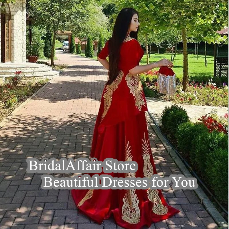 BridalAffair Red Moroccan Kaftan Evening Dress Mermaid Formal Dubai Lace Appliques Prom Celebrity Gowns with Remove Skirt Slit