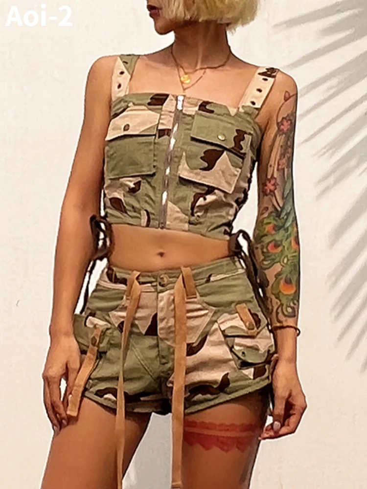 Vintage Street Camouflage Suit Women Summer Sexy Spice Girl Vest Hollow Strap Top+High Waist Shorts Tooling Style Two-piece Set