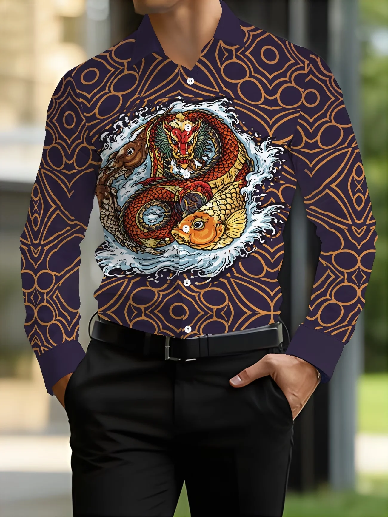 New Purple Coffee Contrasting Geometric Grid Print Men's Long Sleeved Shirt  Business Casual Versatile Shirt