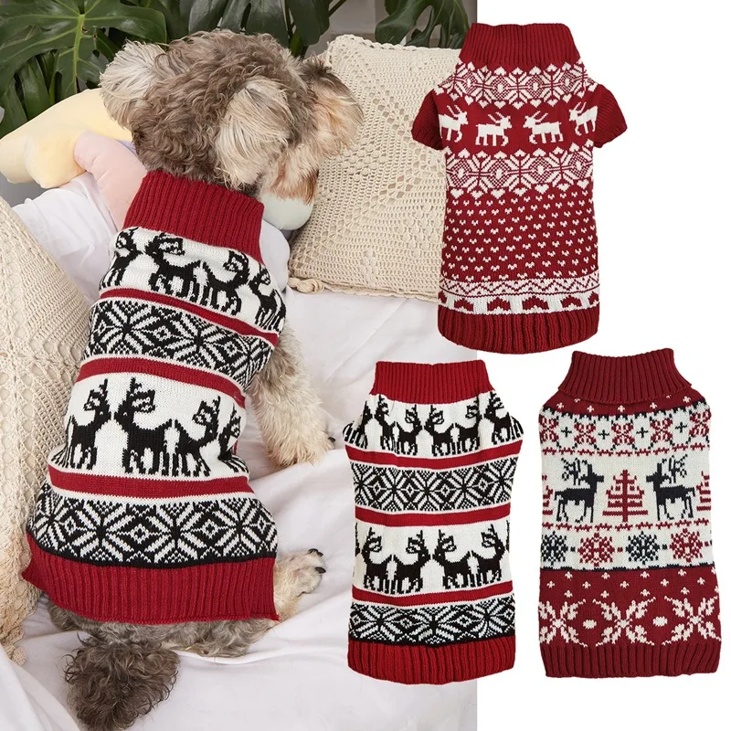 Suéter navideño para perros, jersey de punto rojo y negro con patrón de renos y copos de nieve para perros, caniche, Corgi, vacaciones de Golden Retriever