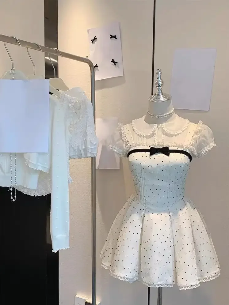 Verão kawaii novo conjunto de duas peças feminino blusa chiffon + vestido de alça sem mangas feminino casual lolita japonês princesa terno 2025 novo