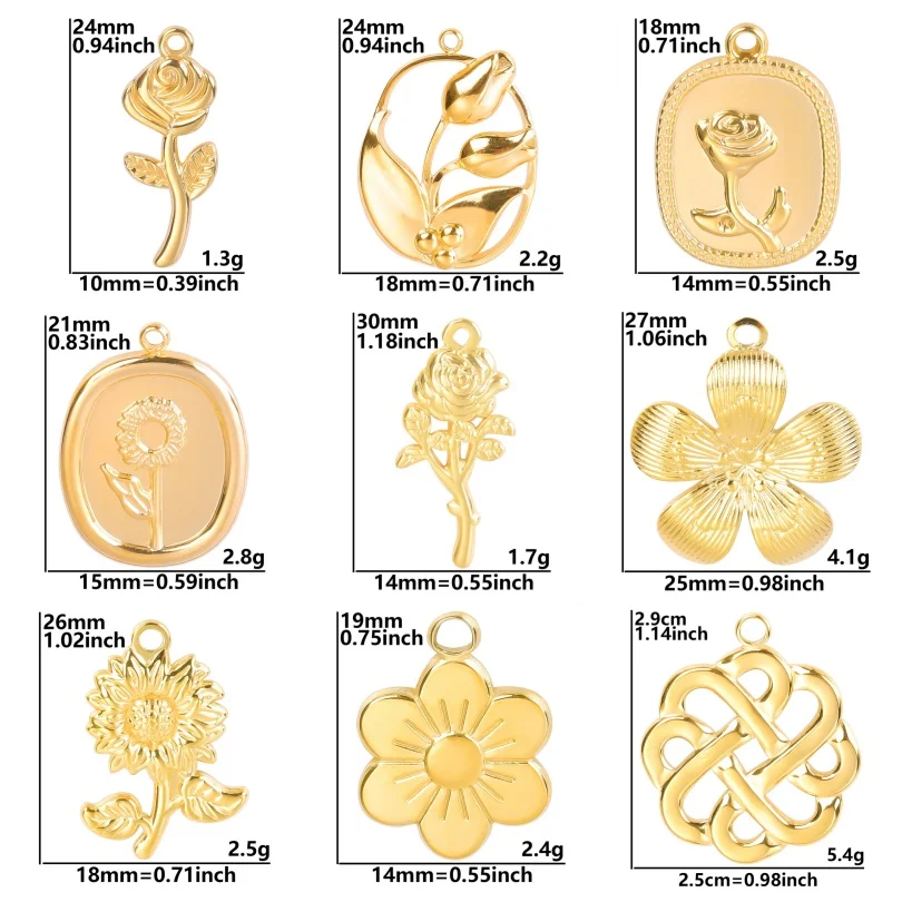 5PCS Gold Colour Flower Pendants Bloom In The Air For Jewelry Making Supplies Stainless Steel DIY Charm Bracelet Accessories