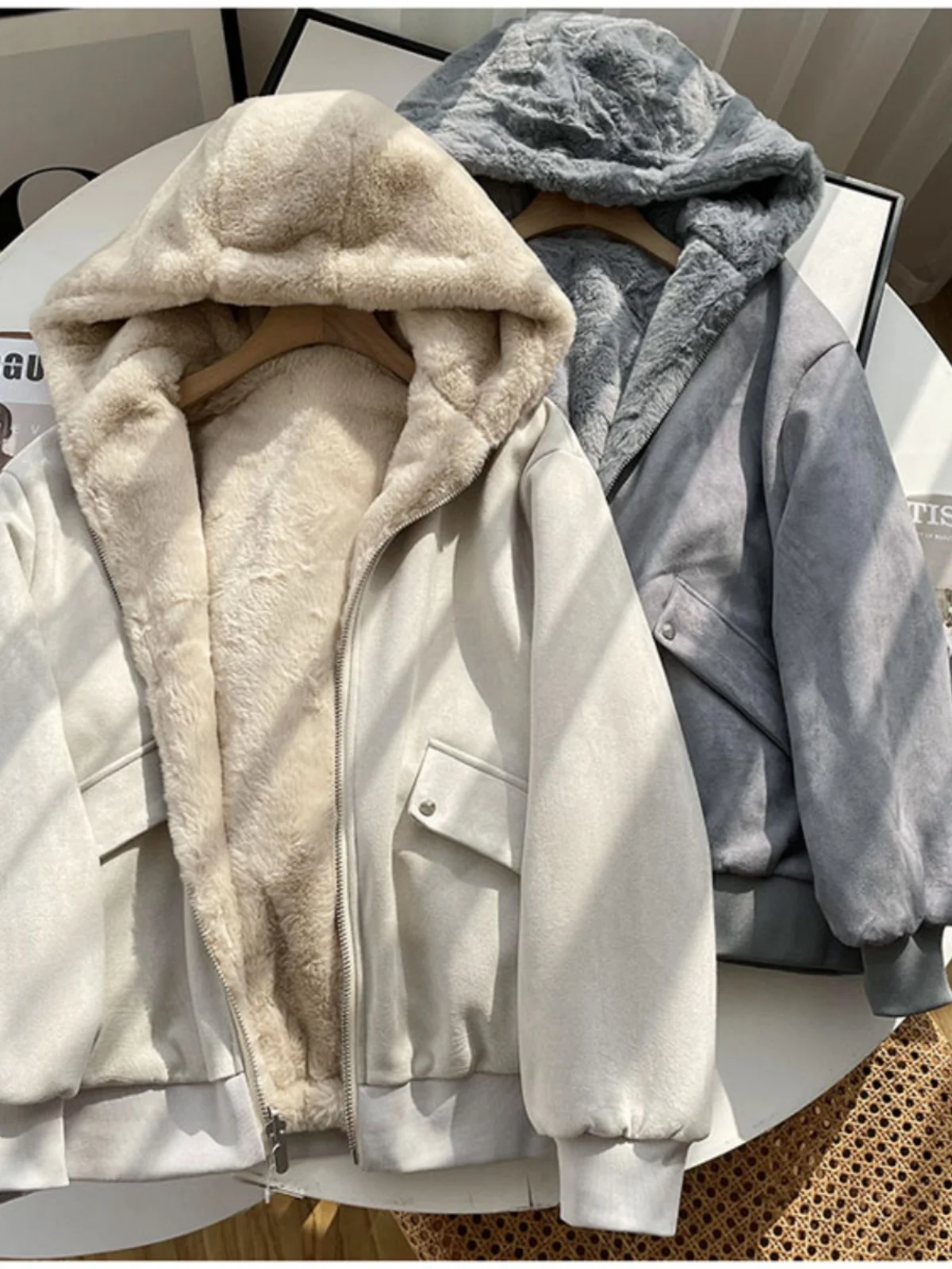 

Thiened Double-Sided Wear Deer Skin Fce Hooded Casual Warm Flight Jaet Cotton Outerwear Women's Faion Winter Coat