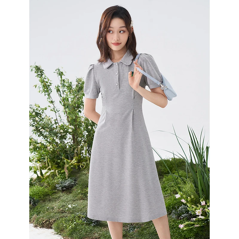 TOYOUTH Women Dress 2024 Summer New Pearl Polo Neck Short Sleeve Slim Waist Knee Length Casual Dress