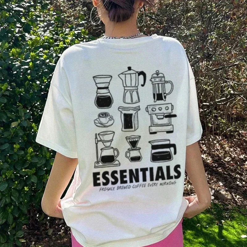 Baumwolle Lose Grafik T-Shirts Foodie Kaffee Zurück Druck T Shirt Barista Hemd Ästhetische Frauen Männer Mode Kleidung Y2k Streetwear