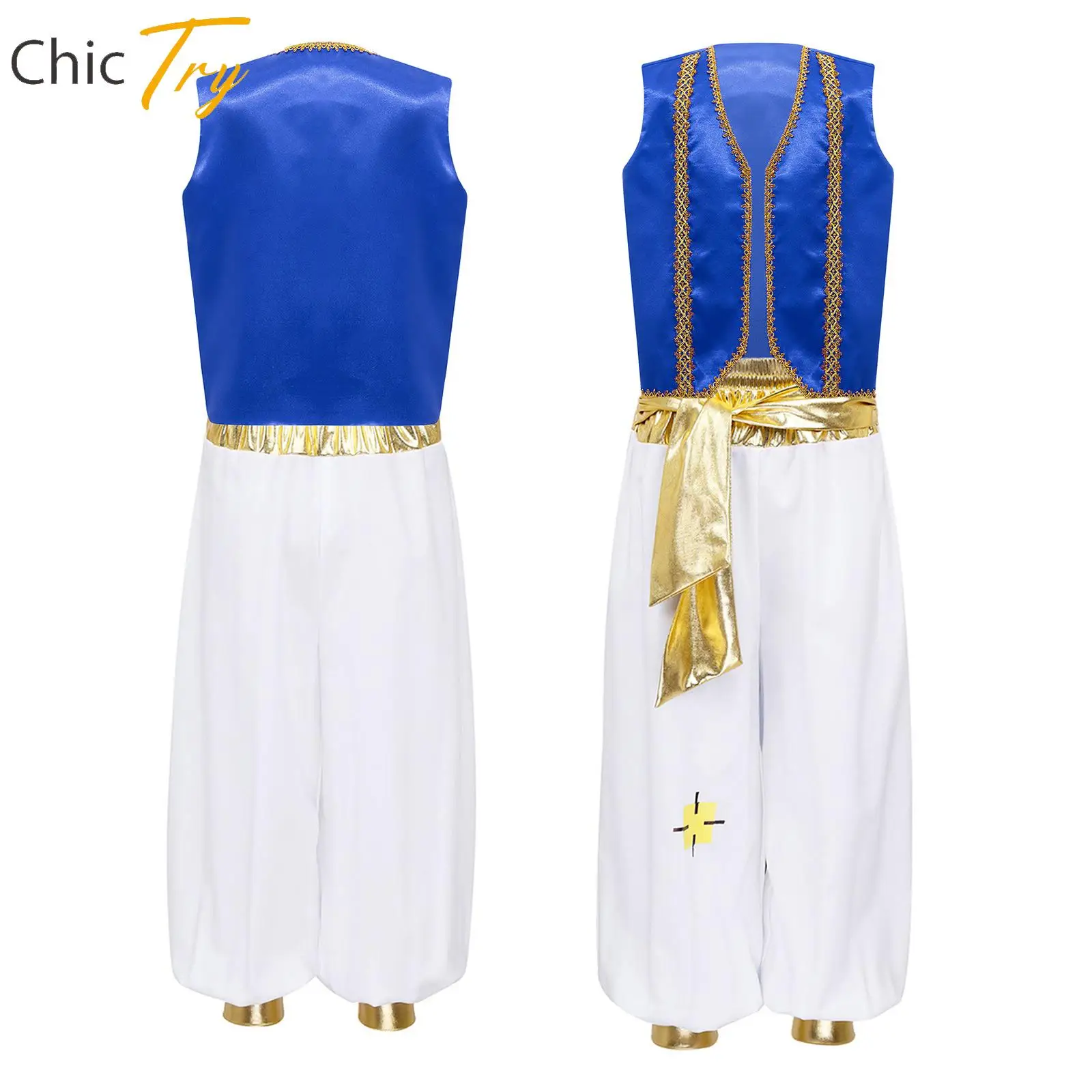 

Boys Arabian Prince Cosplay Halloween Costume Sleeveless Braided Trimming Vest Waistcoat Pants Suits Carnival Performance Sets
