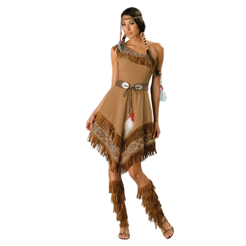 Halloween Native Indians Princess Goddess Cosplay Costume Tassel Indian Tribal Stage Performance Dance Dress