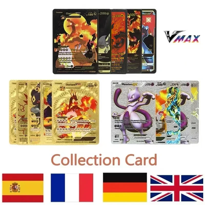 Yeni 27-55 adet Cartas Pokemon altın kartları İspanyolca İngilizce altın folyo Silve kartları alman fransız Metalicas Pokemon vvmax Gx oyun kartı