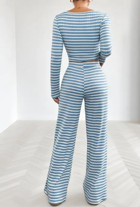 

Two Piece Set Women Outfit 2025 Spring New Striped Square Neck Long Sleeve Spicy Girl Crop Top & High Waist Sports Pants Set