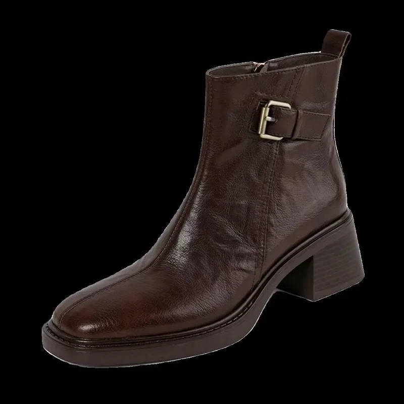 Short Boots for Women 2024 New Round Toe Square Heel Side Zipper Women's Boots Retro Versatile Leather Mid-heeled Shoes Female image 6