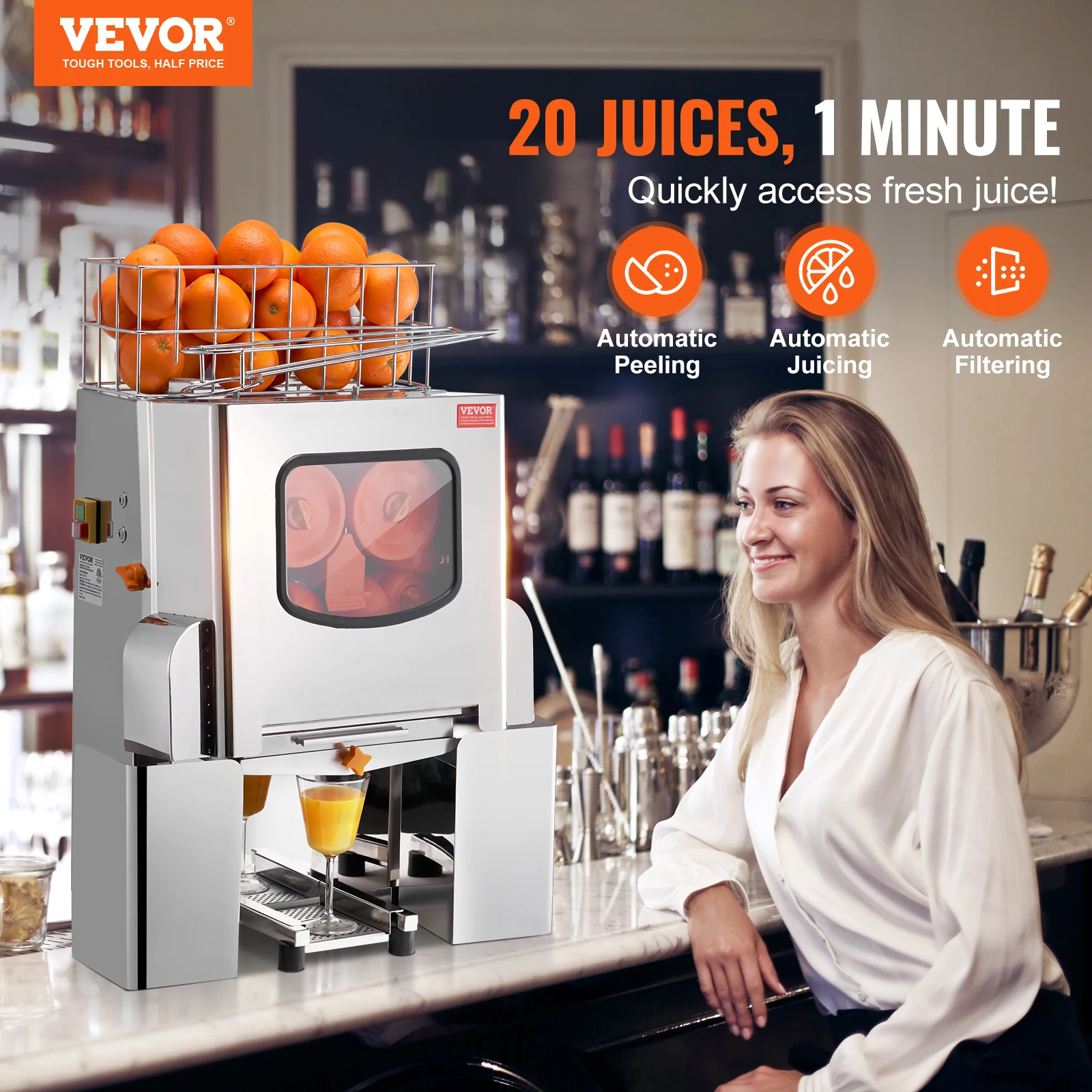 VEVOR Commercial Orange Juicer Machine 120W Automatic Juice Extractor Stainless Steel Orange Squeezer 20 Oranges/Minute