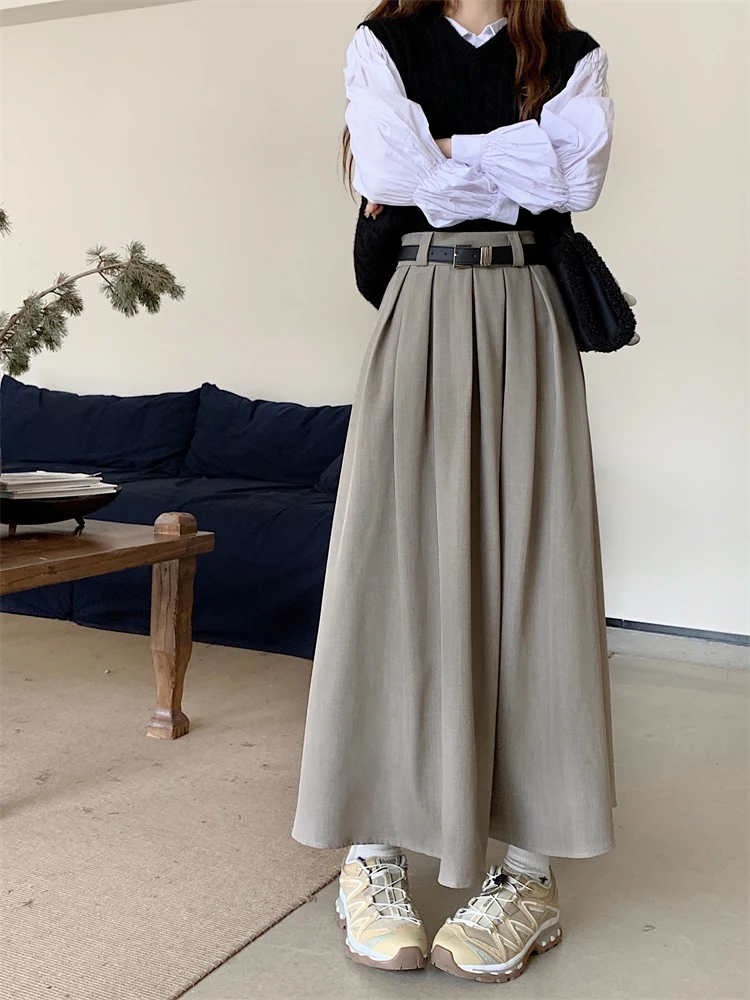 2026 New Korean Skirt Women Solid Color Versatile Mid-length Pleated Skirt Large Swing Type Skirt Female Long Skirts for Women
