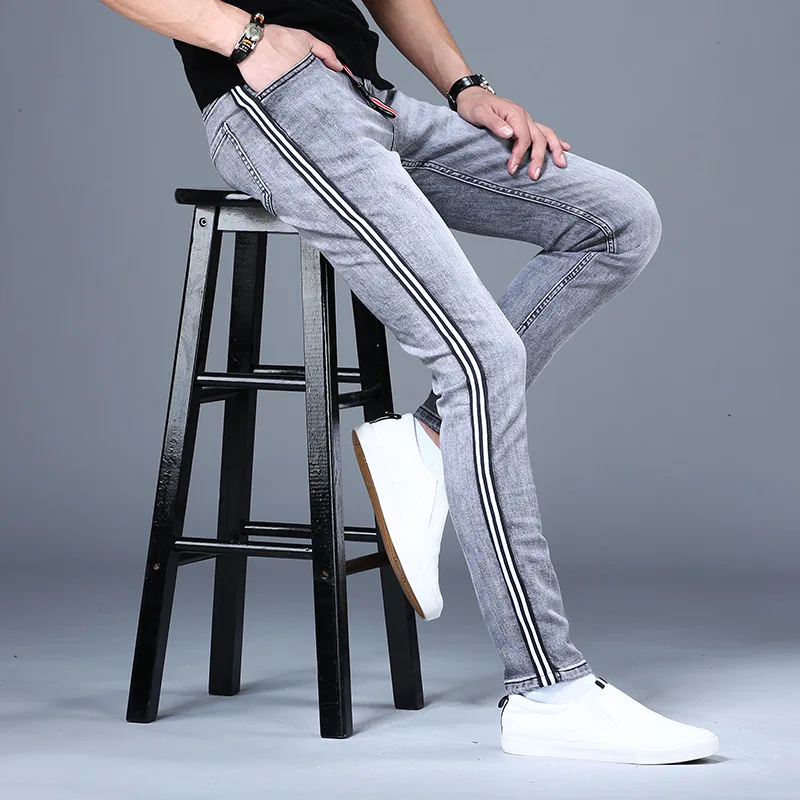 2024 New High-End Striped Jeans Men\'s Fashion Korean Style Fashionable Stretch Soft Slim Fit Skinny Casual Versatile Trousers