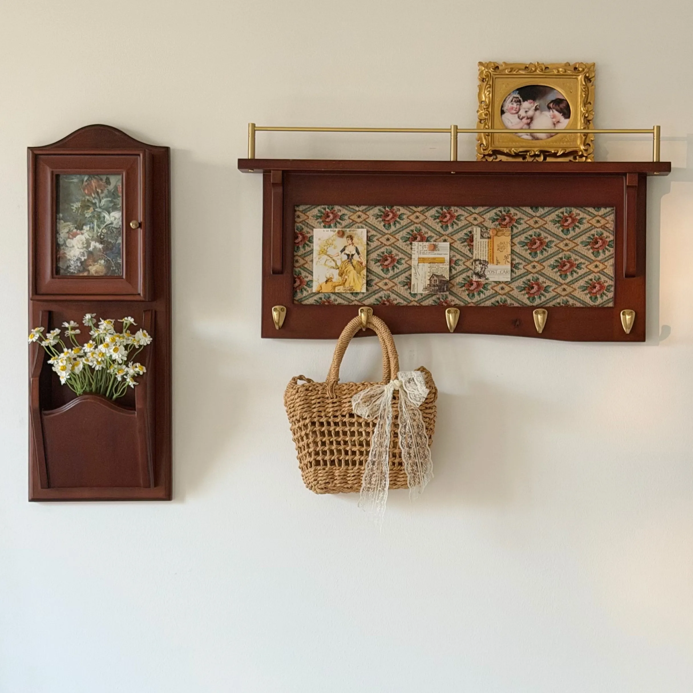DSA French retro cork message board foyer entrance bedroom solid wood coat and hat hook brass hook