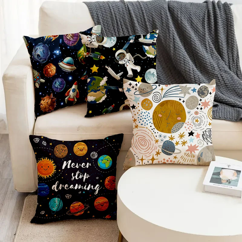 

Hand Painting Solar System Spaceman Printed Soft Square Pillowslip Linen Blend Cushion Cover Pillowcase Living Room Home Decor