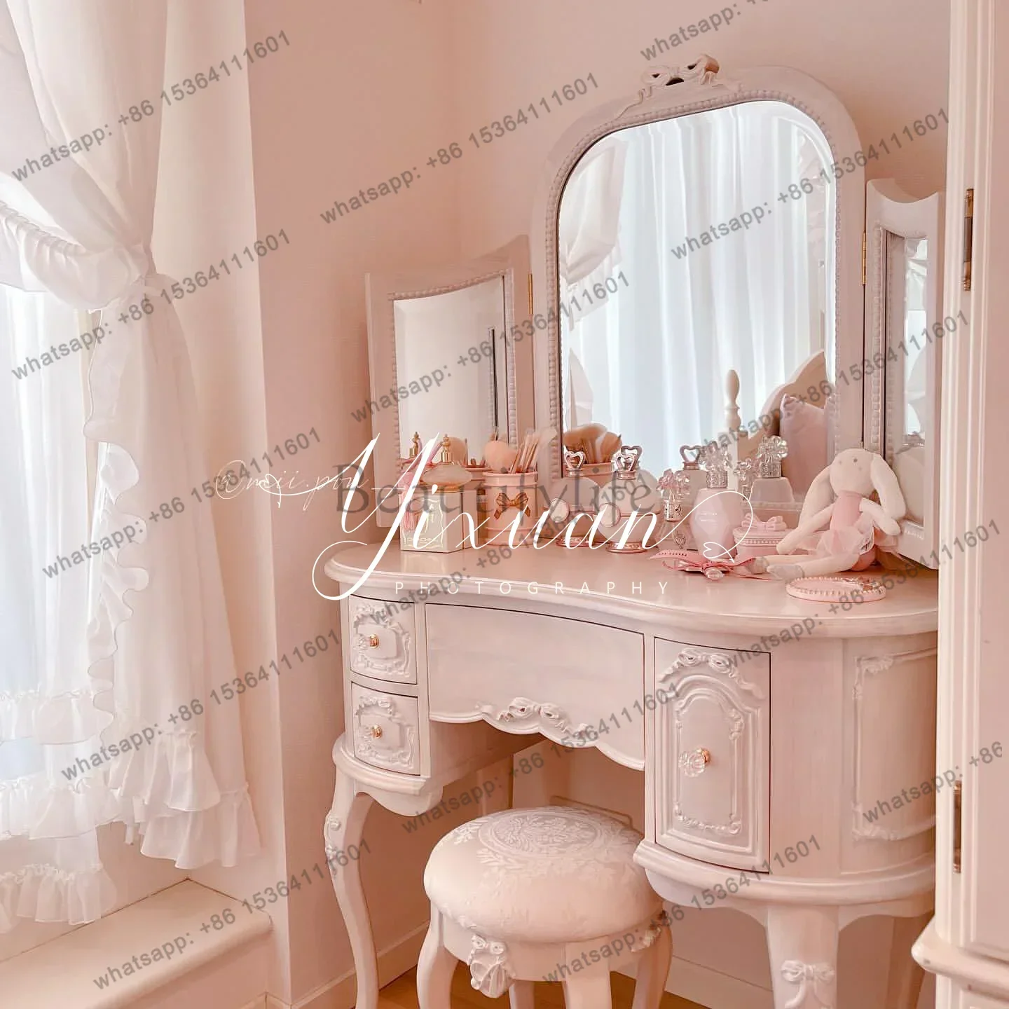 LJY French solid wood pink bedroom pink princess style dressing table American engraved flower with mirror dressing table furnit
