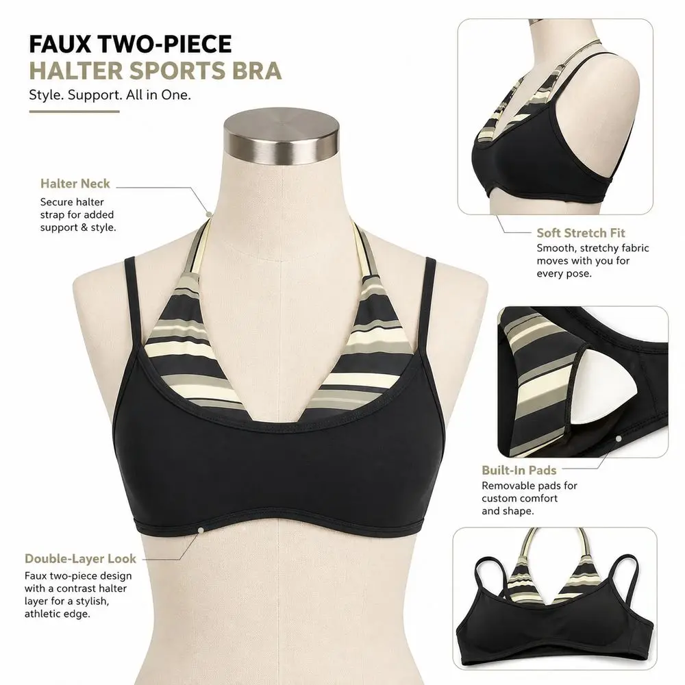 Padded Yoga Bra Halter Sports Bra Elastane Removable Pads Layered Workout Bra Contrast Print Faux Layered Athletic Bra Top