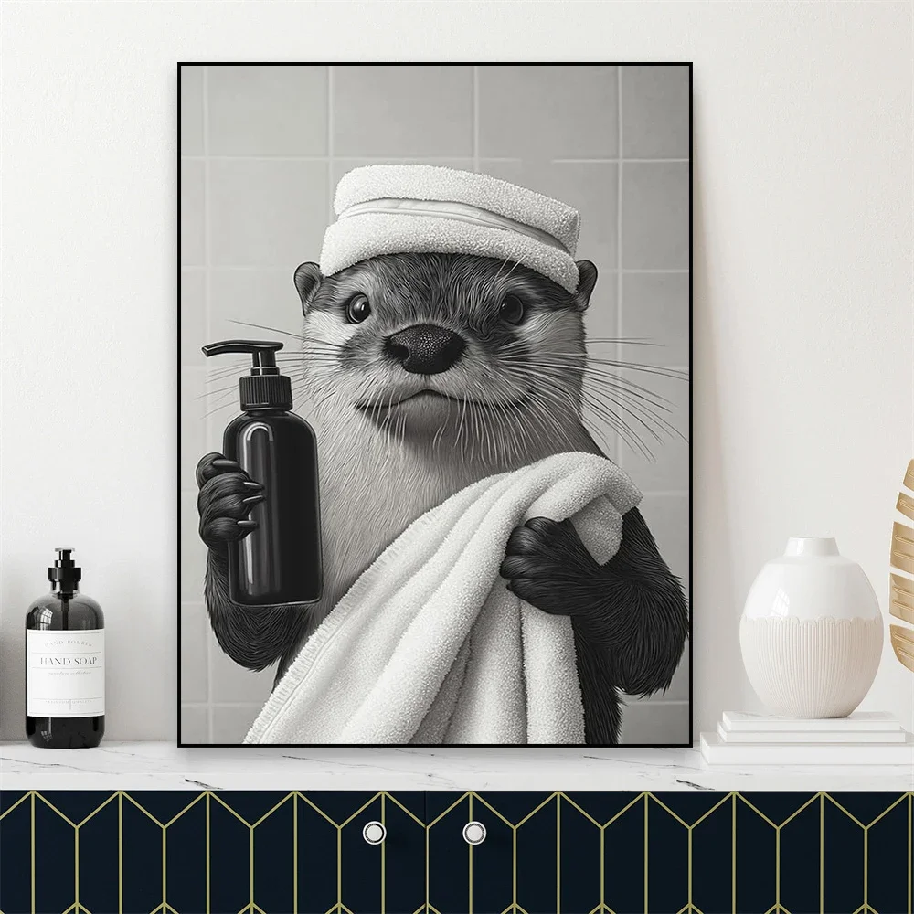 (No frame)Funny Black And White Bathroom Poster Raccoon Wearing Bathrobes Toilet Wall Art Print Animal Canvas Painting Bathro