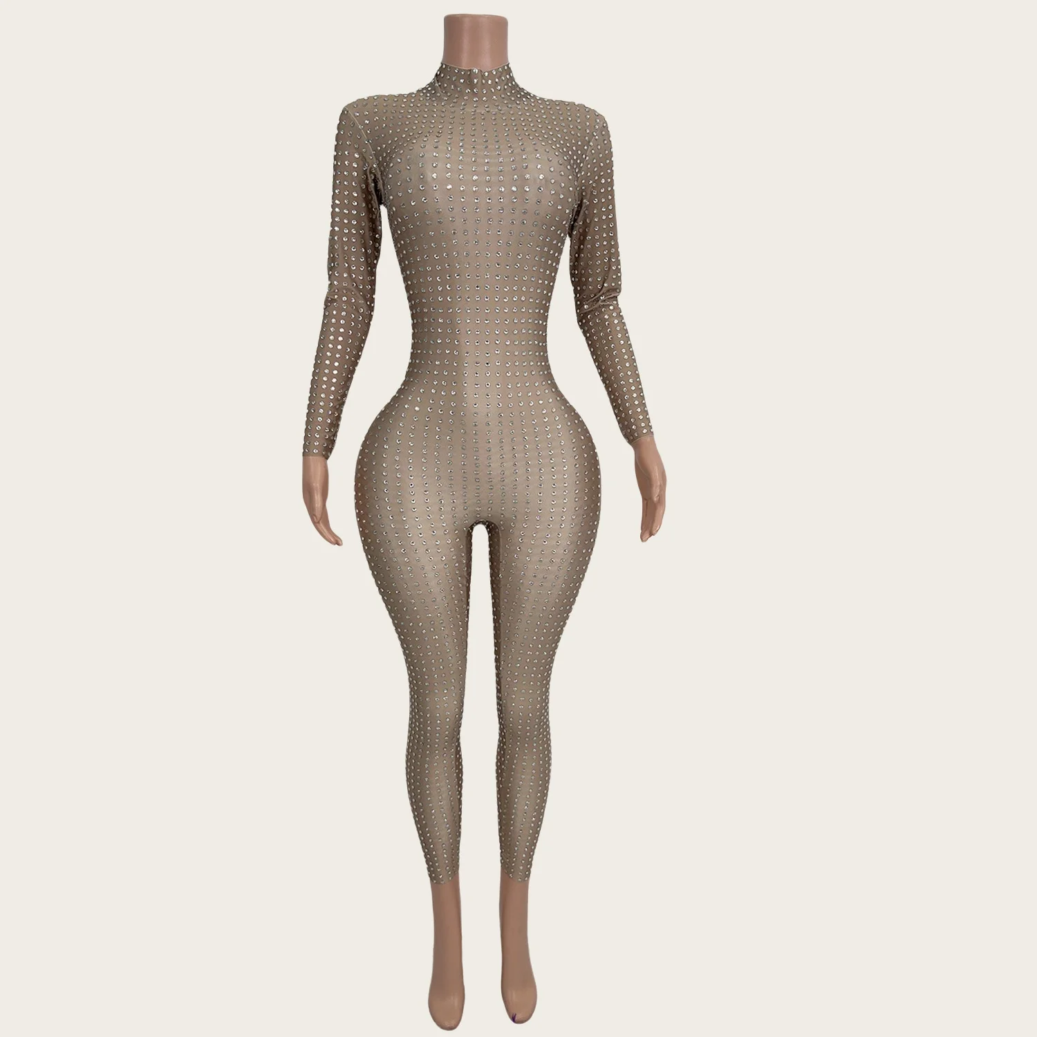 Paiduiku Sparkly Rhinestones Jumpsuit Women Sexy Night Party Stage Performance Dance Costume Long Sleeved Tight Fitting Outfit