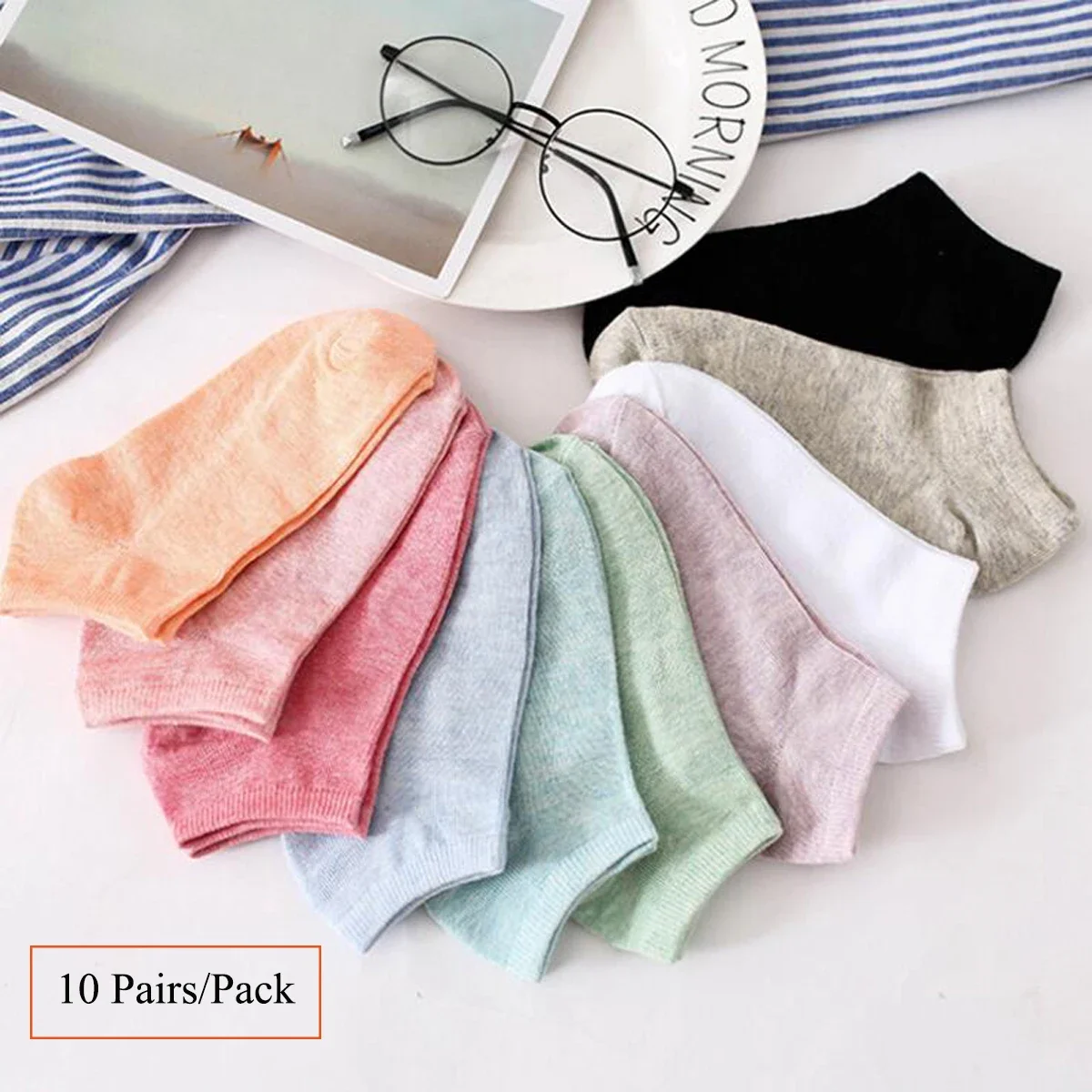 10 Pairs Candy Colored Cotton Women Short Socks Ankle Breathable Mesh Sports Socks Casual Summer Thin Socks Solid Color Socks