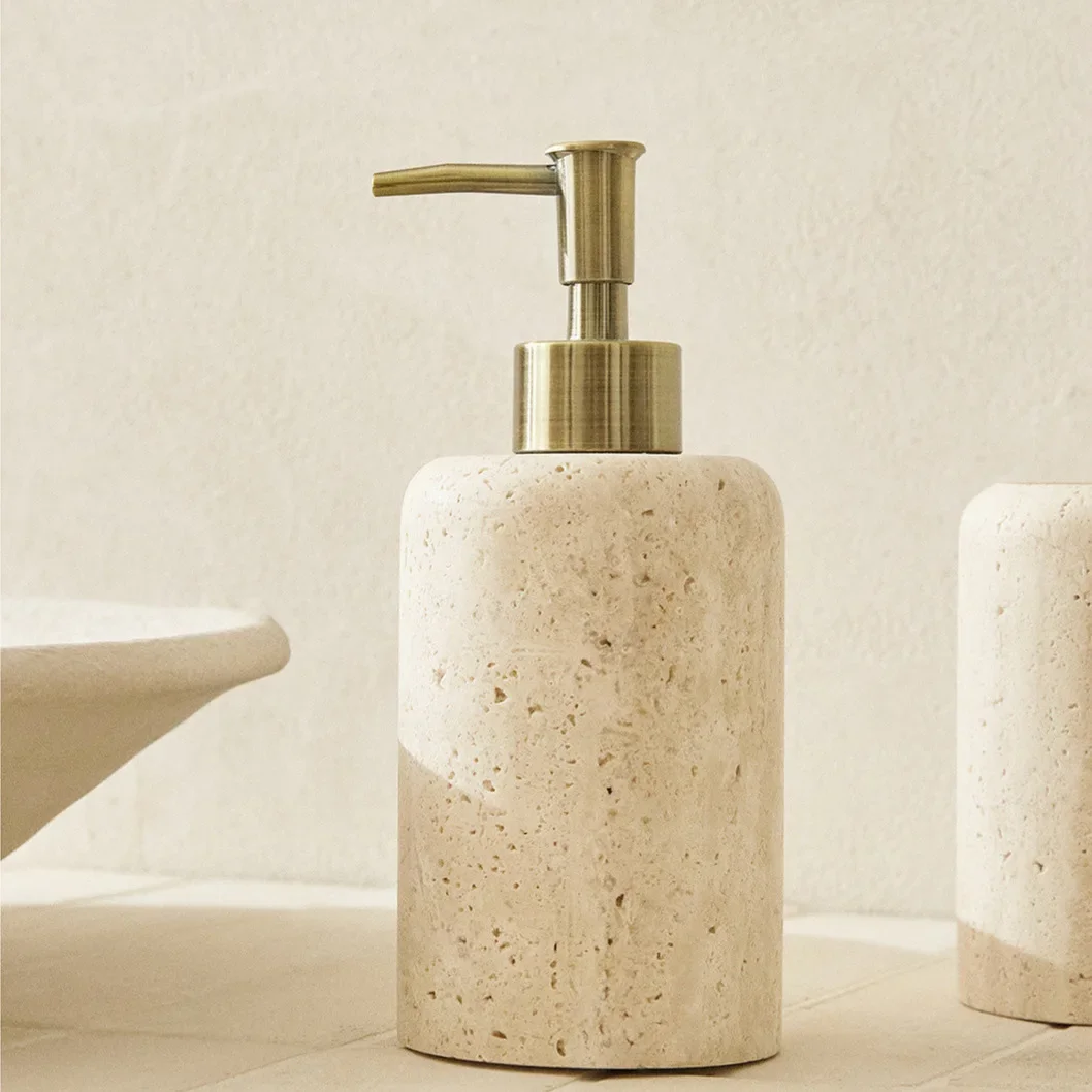 D8x18CM H Natural Yellow Travertine Marble Stone Refillable Bathroom Liquid Dispenser, Lotions Soap Container