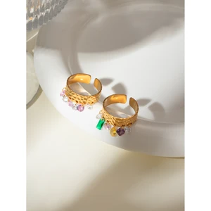 Open anti-allergic ring of stainless steel for women, 18K gold bathed, hammer grain pattern, colorful natural stone, charm, daily jewelry 11 Main Sales Hammer Gold - №3