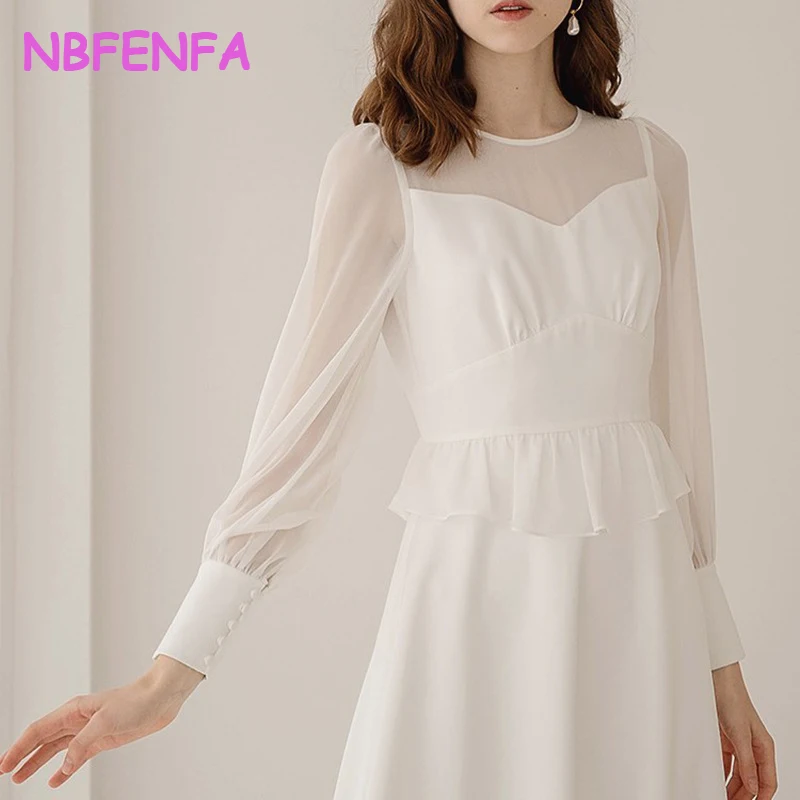 White O-Neck Light Wedding Dresses Korean Simple Chiffon Long Sleeved Dress Bridal Photo Shoot Evening Dress vestidos para mujer