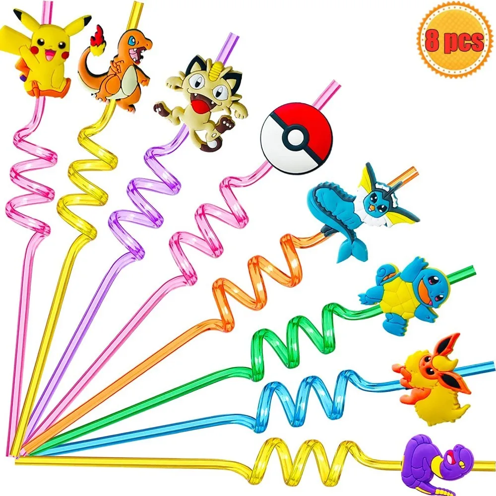 8pcs/Pack Pokemon Theme Drinking Water Juice Straw for Children's Birthday Party Straw Decoration Baby Shower Pikachu Party Supp