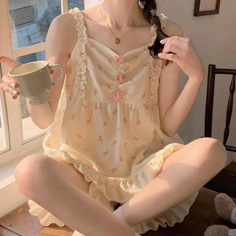 Floral Sleepwear Women Pajama Sets Korean Piiama Summer Set 2 Pieces Night Wear Sleeping Spaghetti Strap Student Home Suit 2024