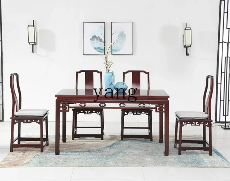 LTT big red rosewood dining table and chair combination toe yellow sandalwood bright solid wood rectangular dining table