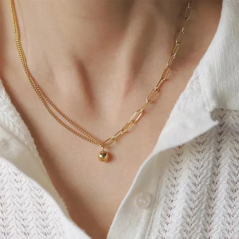 

Stylish stainless steel round ball pendant necklace Double -deck patchwork necklace for women girls jewelry