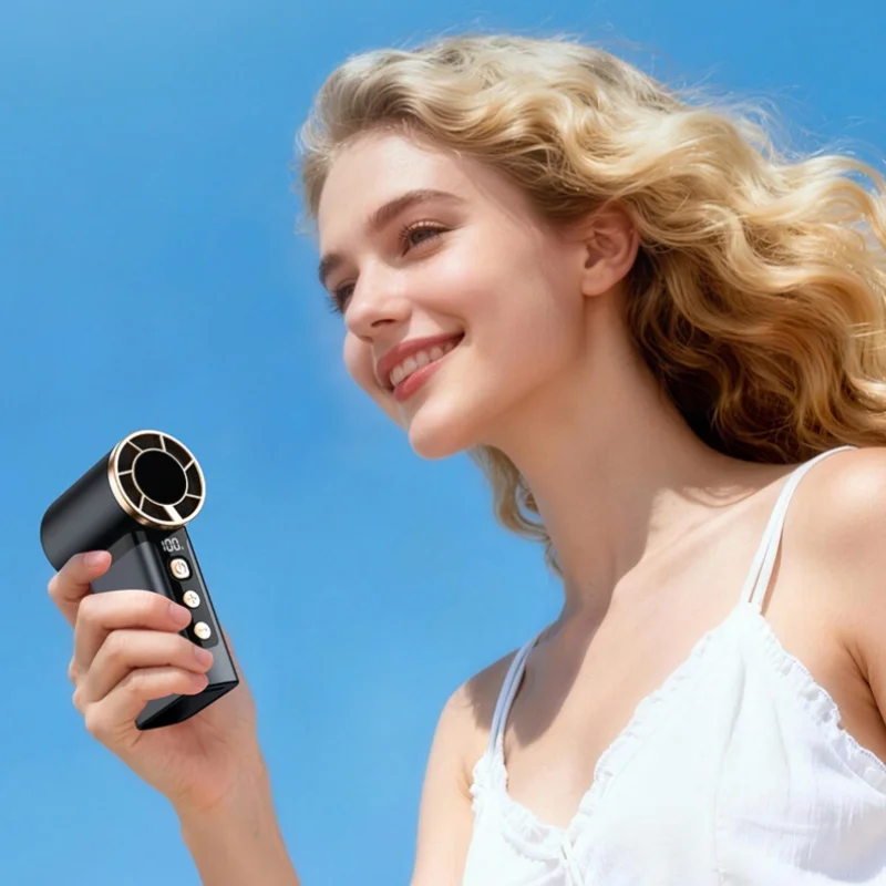 High-Speed Cooling Handheld Mini Fan with 199 Speed Settings, Digital Display, Portable Outdoor Rechargeable Pocket Fan, Desktop and Neck-Hanging Three-In-One Cooling Fan