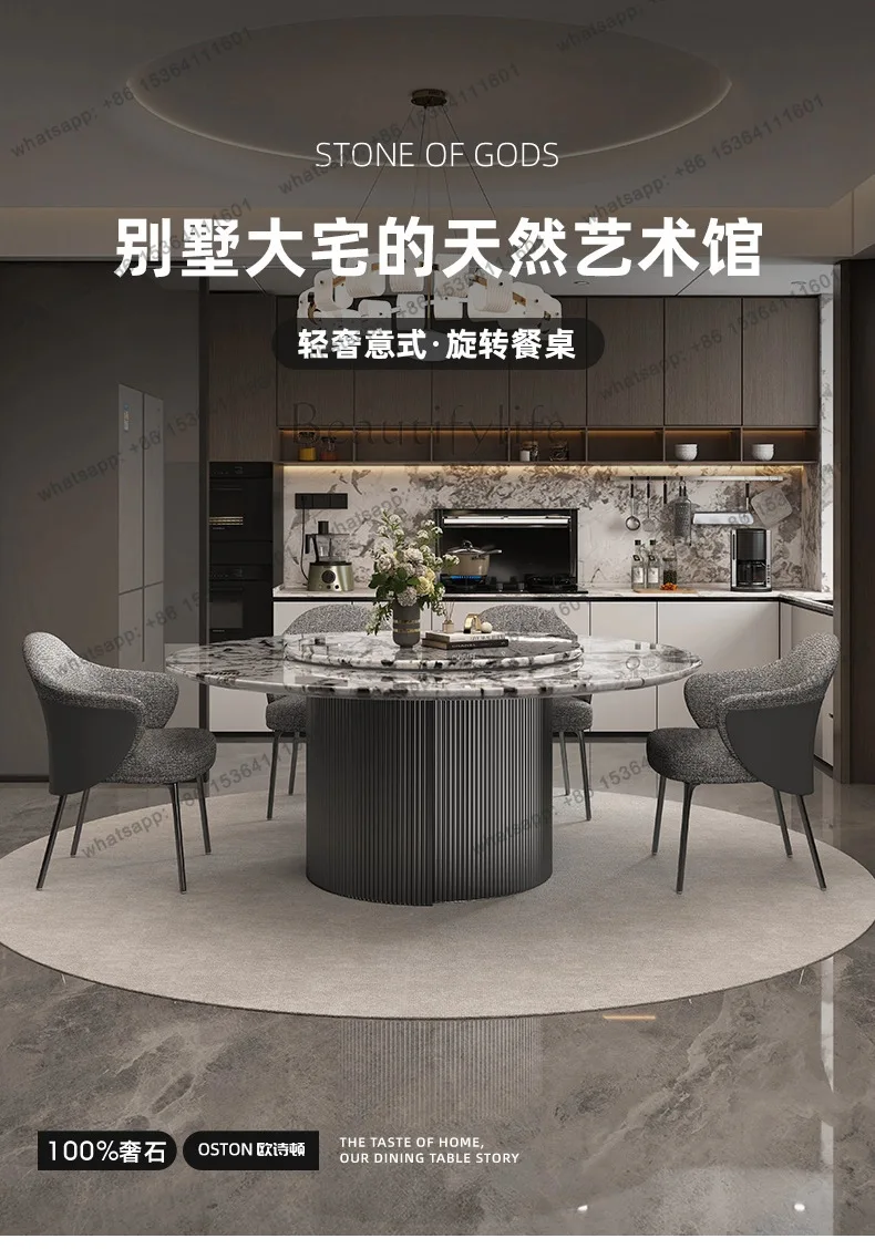 Italian natural luxury stone dining table marble snow mountain flying fox household round table modern simplicity