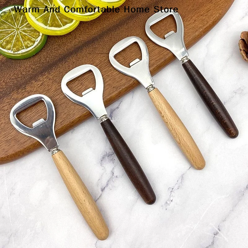 【SE】1pcs Stainless Steel Wooden Bottle Opener For Home Kitchen Bar Restaurant Party Gift Kitchen Accessories Gadget