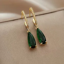 Huitan Pear Green CZ Drop Earrings for Women Temperament Gold Color Ear Hanging Earrings Office Lady's Luxury Trendy Jewelry